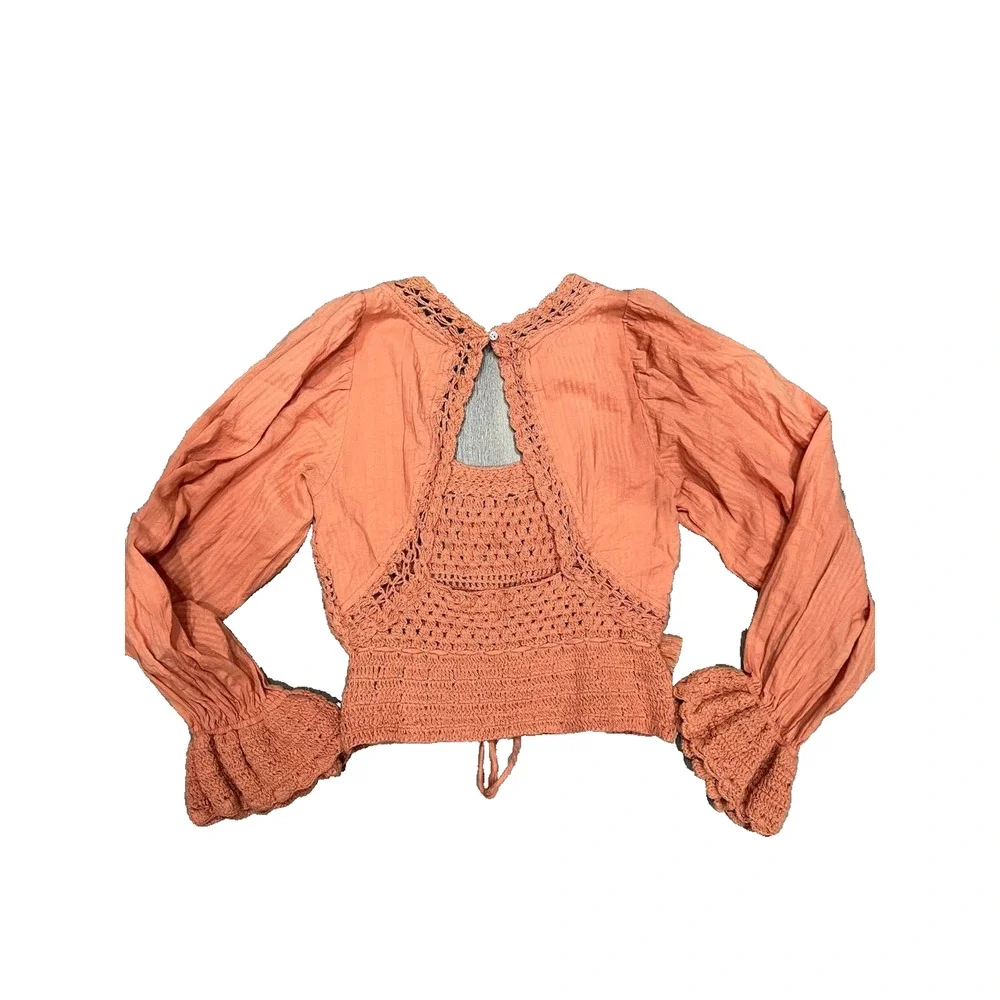 Free People Megan Y2K preppy halter babydoll Crochet Top Coral Sand XS A004059